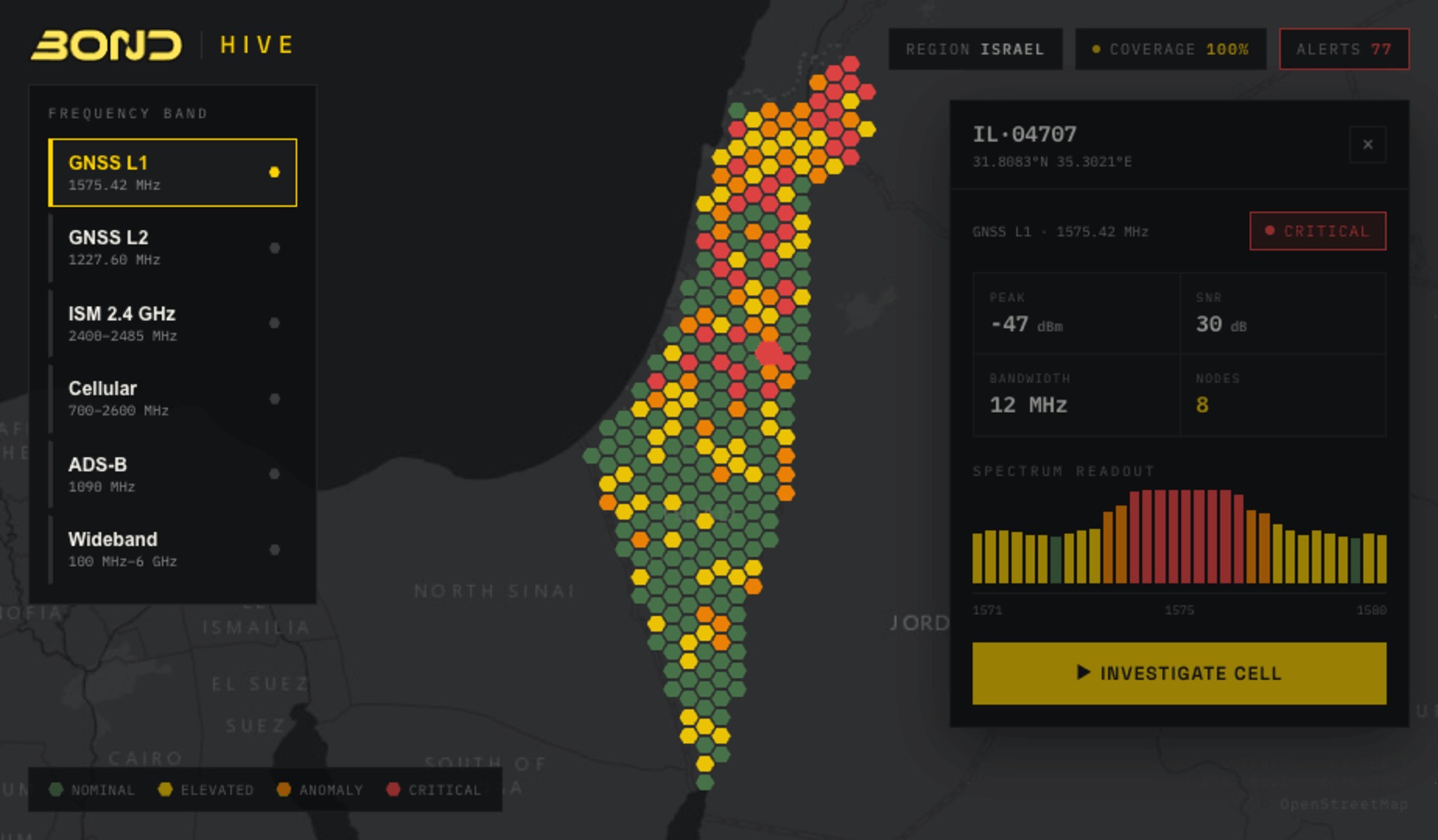 The HIVE coverage map: interference state cell by cell across a whole area, with one cell opened for detail