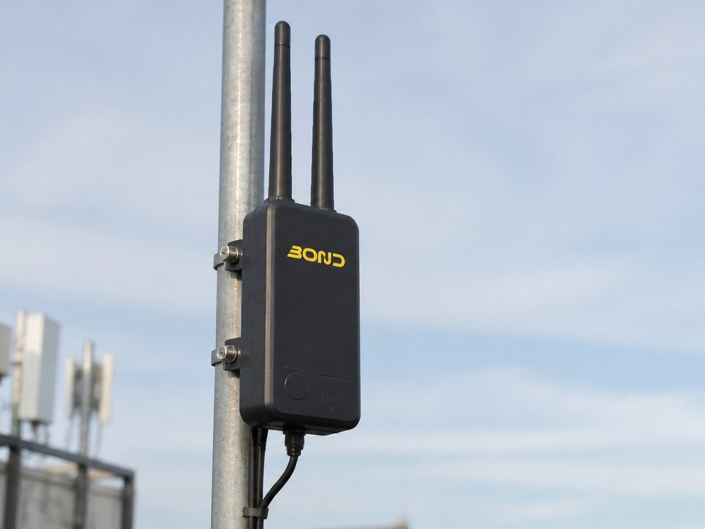 A BOND W1 node clamped to a rooftop telecom pole with its ethernet cable running down